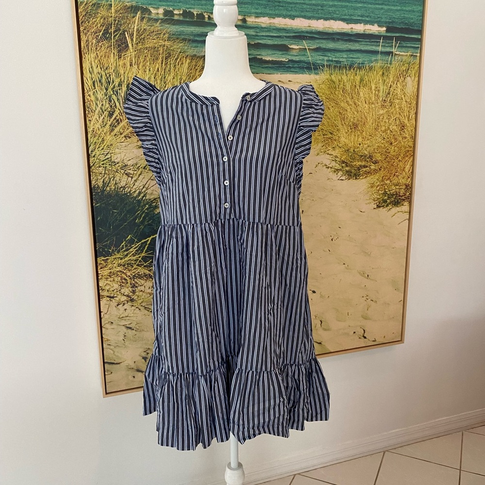 Old Navy Blue and White Pinstripe Flutter Sleeve Cotton Dress with Pockets